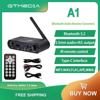GTMEDIA A1 Bluthtooth 5.2 Аудиоадаптер Ресивер-Конвертер с 3,5 мм аудио + R /L выходным Адаптером U Disk Play Mic ИК-пульт Дистанционного Управления
