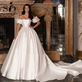 SoDigne Винтажное Атласное Свадебное платье Трапециевидной формы с открытыми плечами, Элегантное Современное Простое Женское Свадебное Платье Vestidos De Novia