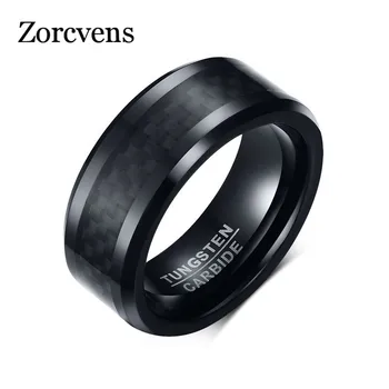ZORCVENS 2023, Модные мужские кольца из карбида вольфрама в стиле панк, 8 мм, Черная инкрустация из углеродного волокна со скошенными краями, Обручальное кольцо для влюбленных
